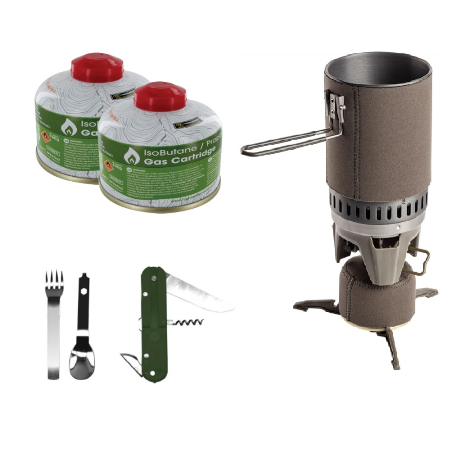 PACK BIVOUAC MILITAIRE - RECHAUD FASTBOIL + 2 CARTOUCHES DE GAZ 100GR + COUTEAU TATOO ARMEE DE TERRE
