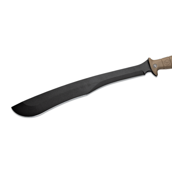 Machette WILDSTEER TIGER – Robuste & Artisanale, Lame NOIRE, Manche Tactiprene Coyote, Étui Kydex MOLLE