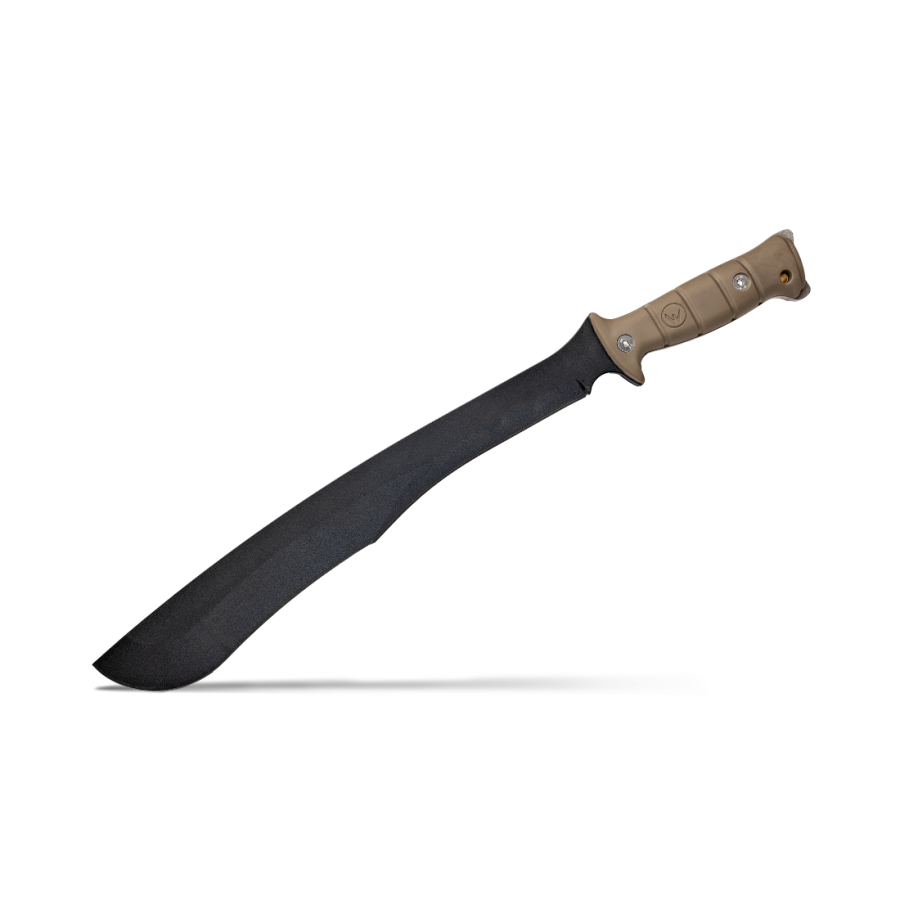 Machette WILDSTEER TIGER – Robuste & Artisanale, Lame NOIRE, Manche Tactiprene Coyote, Étui Kydex MOLLE