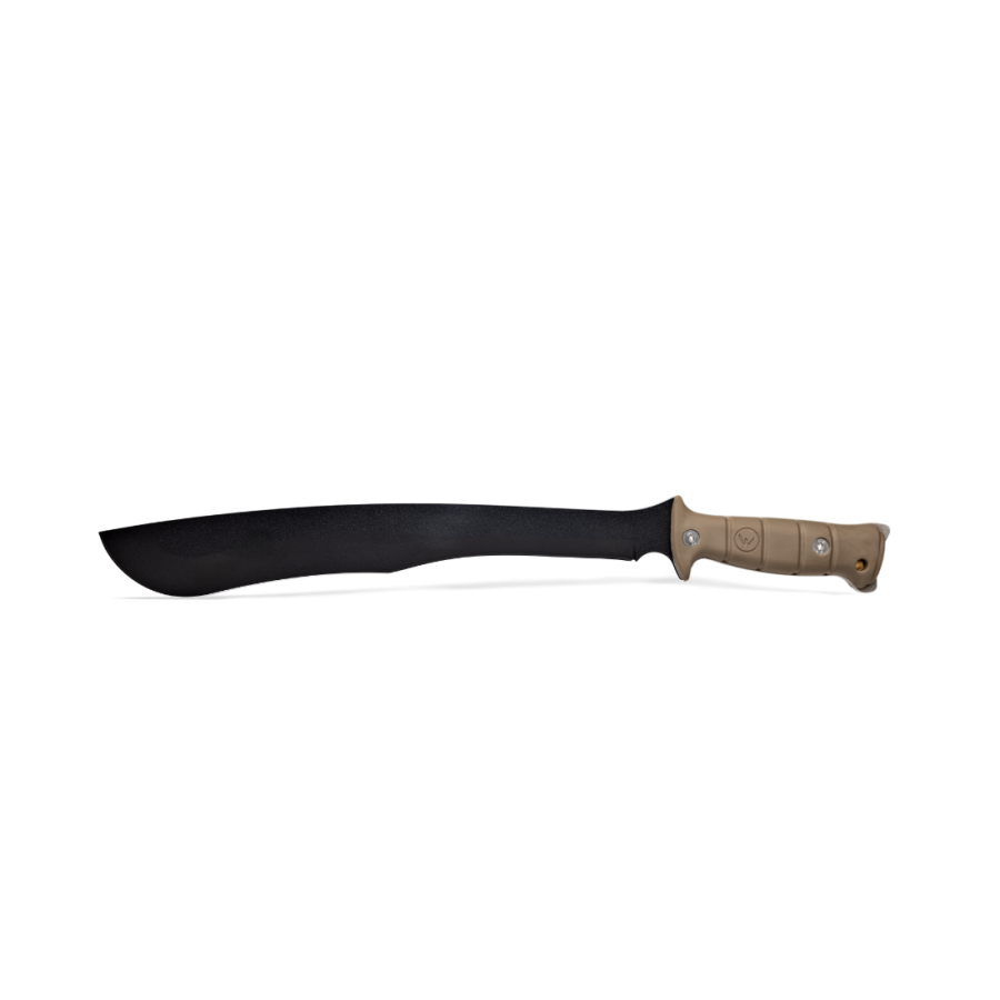 Machette WILDSTEER TIGER – Robuste & Artisanale, Lame NOIRE, Manche Tactiprene Coyote, Étui Kydex MOLLE